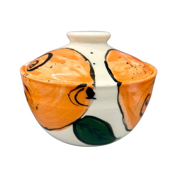 Art Studio Pottery Creamer Pitcher Lidded Sugar Bowl Set Oranges Citrus Signed - Picture 4 of 11